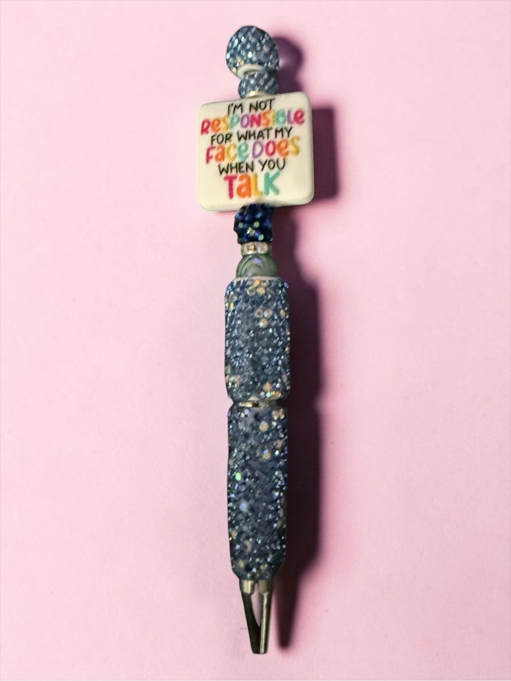 Glittery Blue Beaded Pen with Quirky Quote